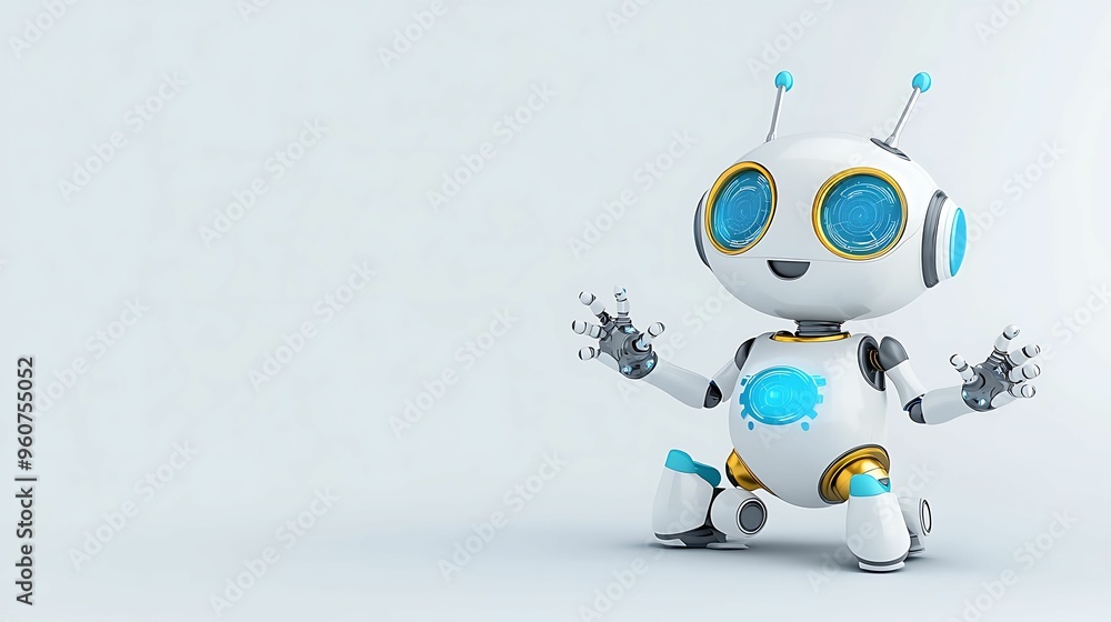 Poster futuristic cartoon robots embracing ai in a vibrant 3d world - happy sci-fi illustration with copy s