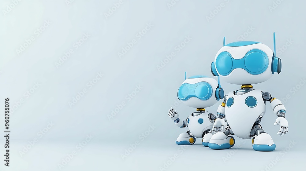 Poster playful ai robots in a techno wonderland - vibrant 3d illustration with copy space for text