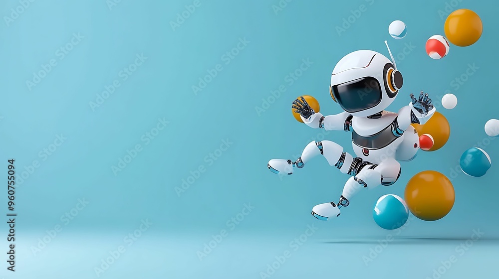 Poster whimsical futuristic cartoon robots in vibrant tech world - playful 3d illustration with copy space 