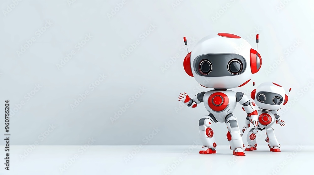 Aufkleber playful futuristic cartoon robots in high-tech playground - vibrant 3d illustration with copy space 