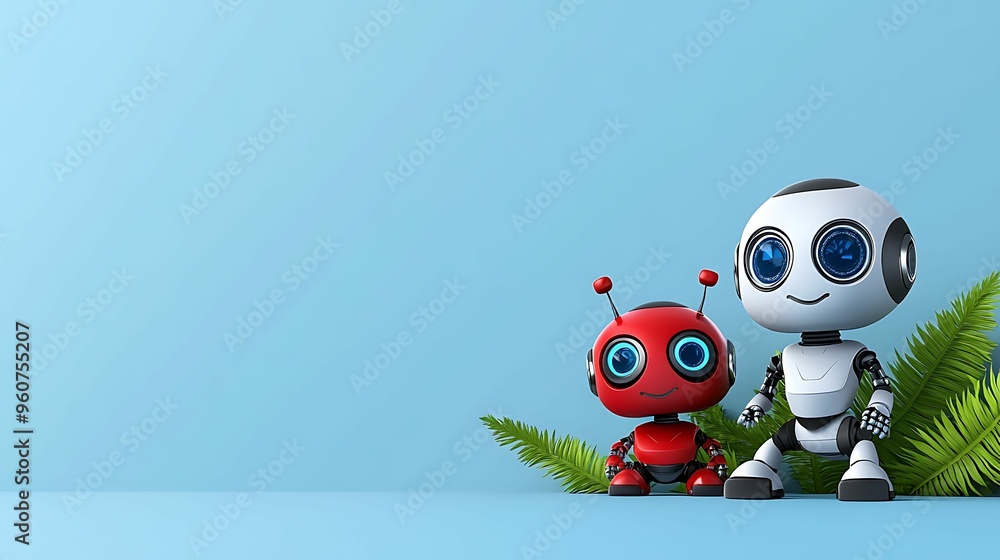 Aufkleber futuristic cartoon robots in playful tech environment - colorful 3d illustration with copy space for