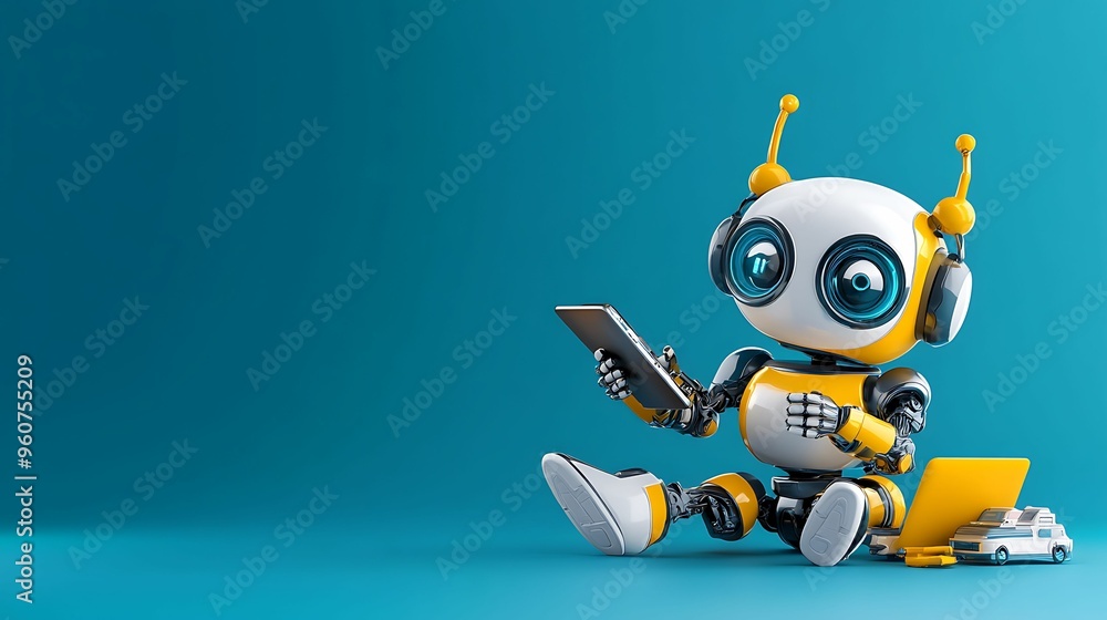 Aufkleber futuristic fun with cartoon robots - playful 3d illustration of tech-savvy bots interacting with gad
