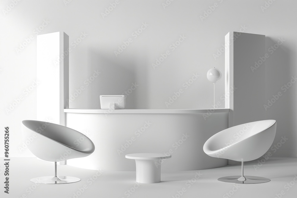 Poster Two chairs and a table in a simple white room, ideal for meeting or interview setting