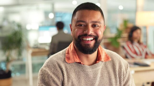 Face, laughing and smile with designer man in creative workplace for small business startup. Funny, humor and portrait of happy design employee in agency office for development and inspiration - Powered by Adobe