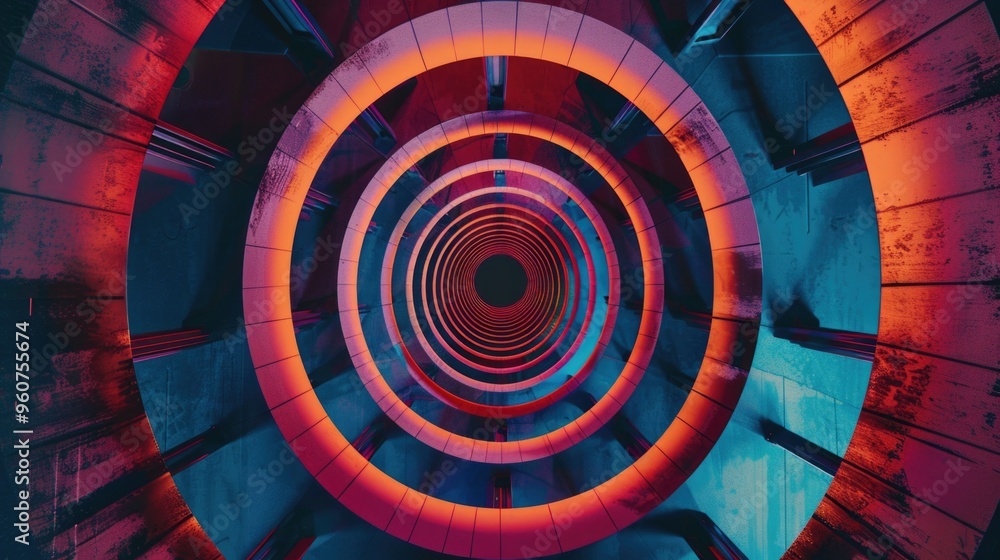 Poster a mysterious spiral shape lit up in a dimly lit room, perfect for representing innovation or discove