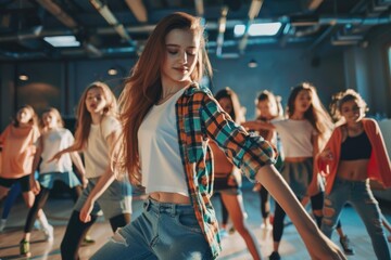 Group of young women performing various dance moves in a studio setting