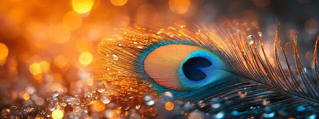 Sacred beautiful peacock feather as symbol of Hindu god Lord Krishna on sunset. Krishna Janmashtami, Govardhan Puja. Indian culture and religious concept. Background with copy space for banner, poster