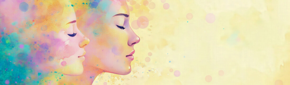 Colorful watercolor faces of two women in profile, symbolizing breast cancer awareness, emotional strength, and feminine resilience