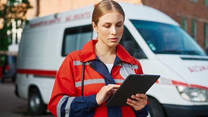 Close up portrait of pretty young professional medical worker using tablet standing in street near...