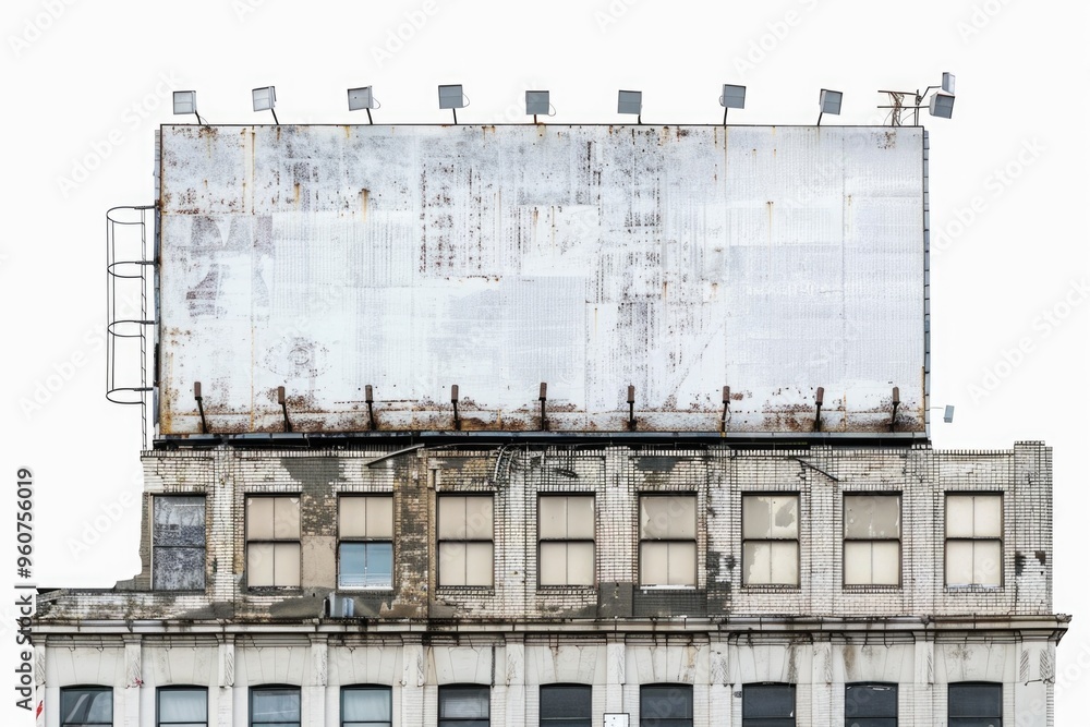 Poster a historic building with a large advertisement board on the rooftop