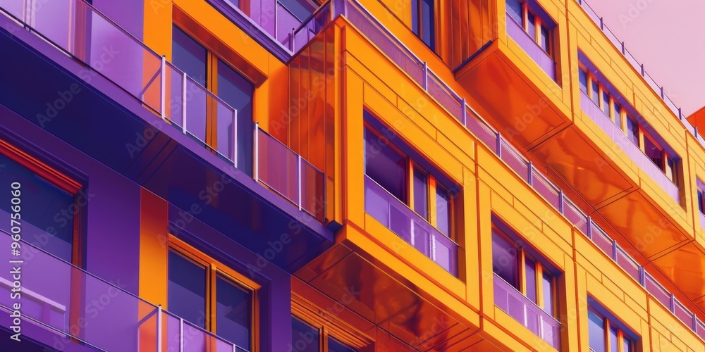 Poster modern high-rise building with many windows and balconies