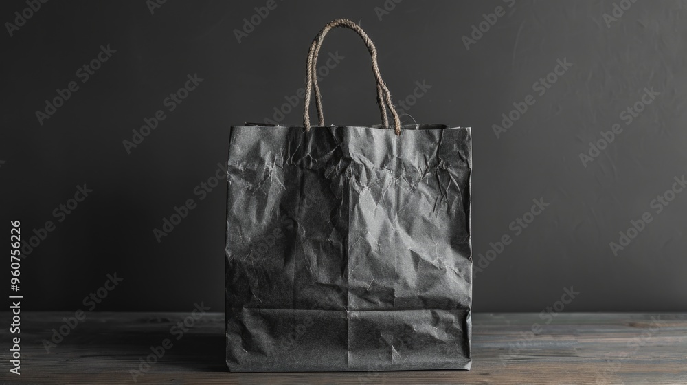 Poster A paper bag sitting on a wooden table with a simple and rustic background