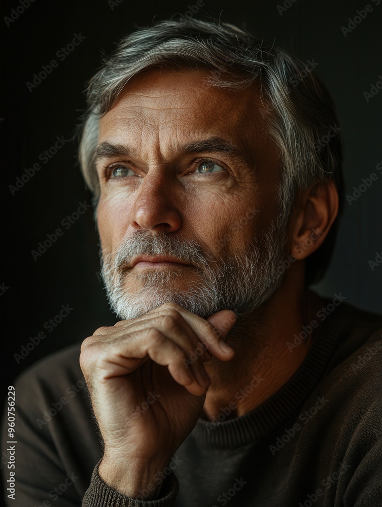 Aufkleber a thoughtful man with a beard gazes upward, lost in deep contemplation while relaxing indoors, absor