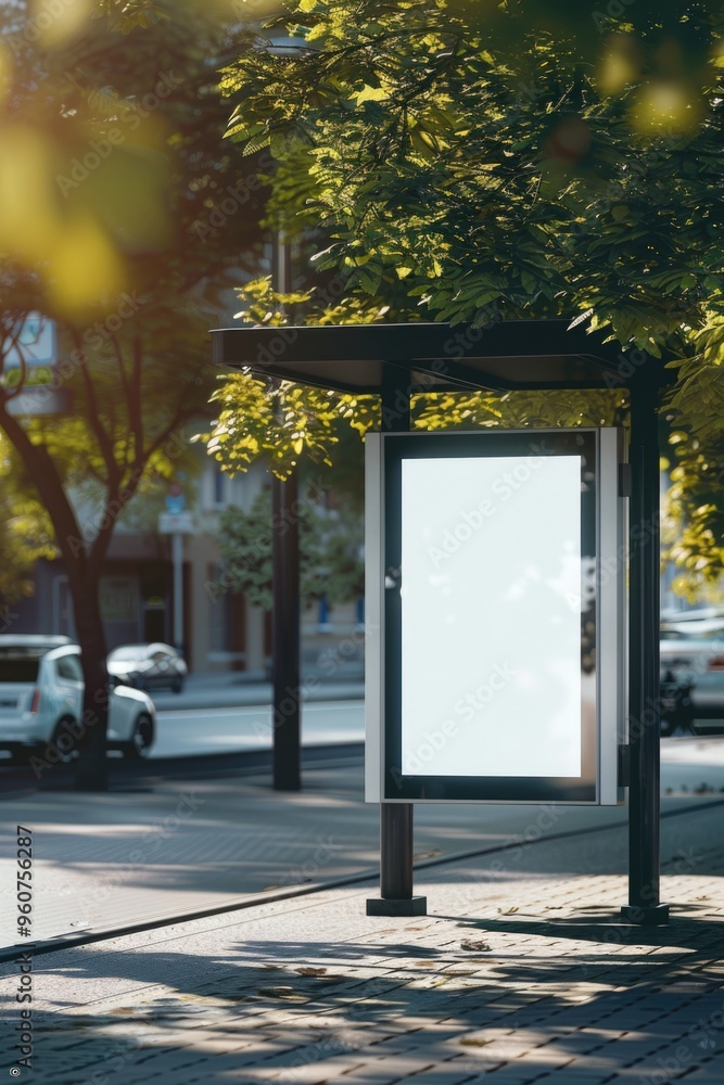 Poster a bus stop with benches and signs on the side of the road, ideal for transportation-themed projects