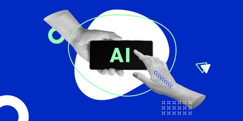 AI, big data, mobile apps with artificial intelligence. Hand selects Ai sign on smartphone screen....