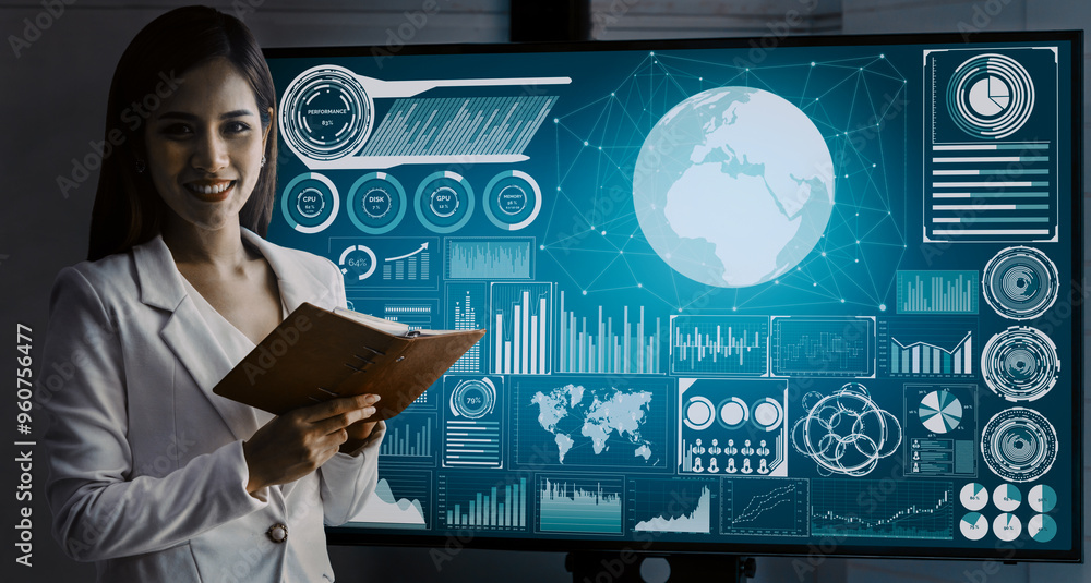 Poster data analysis for business and finance concept. interface showing future computer technology of prof