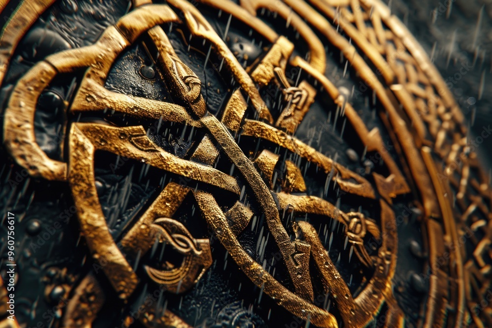 Poster close-up of a metal object featuring intricate design, suitable for use in advertising or product de