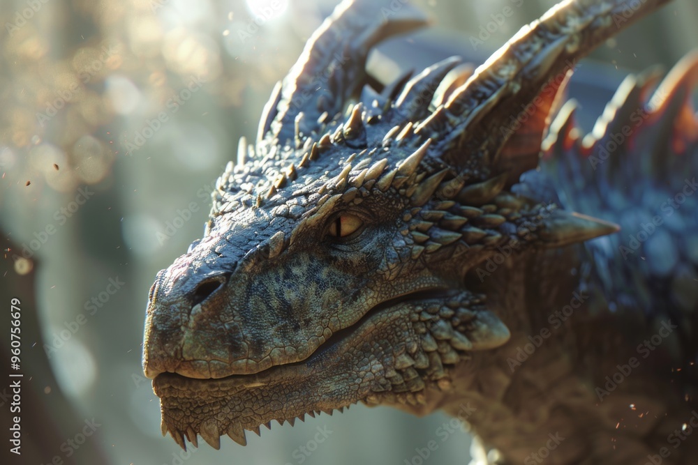 Poster a close-up shot of a dragon's head with a blurred background, great for fantasy and mythical themes