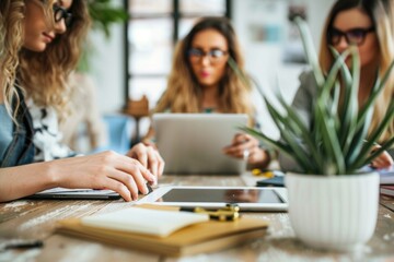 Three people using a tablet computer together, collaborative work or study