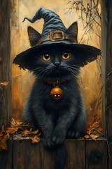 Halloween Poster Black Cat with Hat and Bell A Witch's Familiar 04 - 3584 x 5376 19.3MP - created by AI