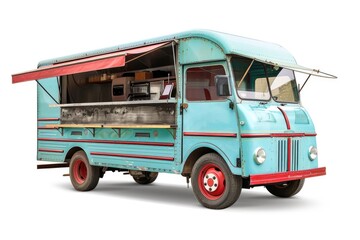 A blue food truck with a red awning, perfect for outdoor events or festivals