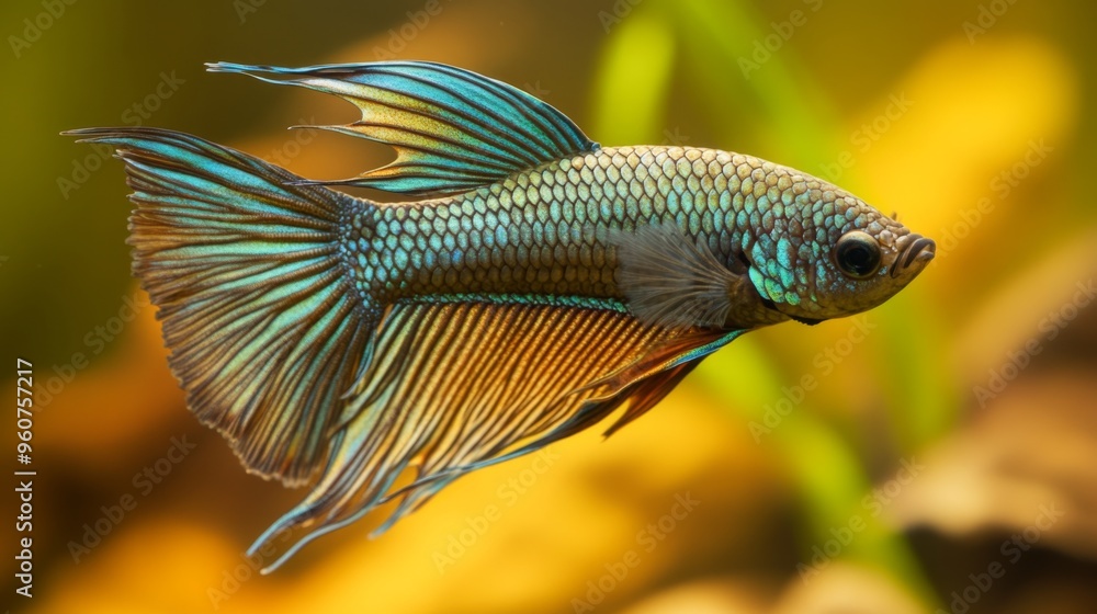 Poster close-up of a betta fish with iridescent scales and long, flowing fins, captured in a peaceful aquar