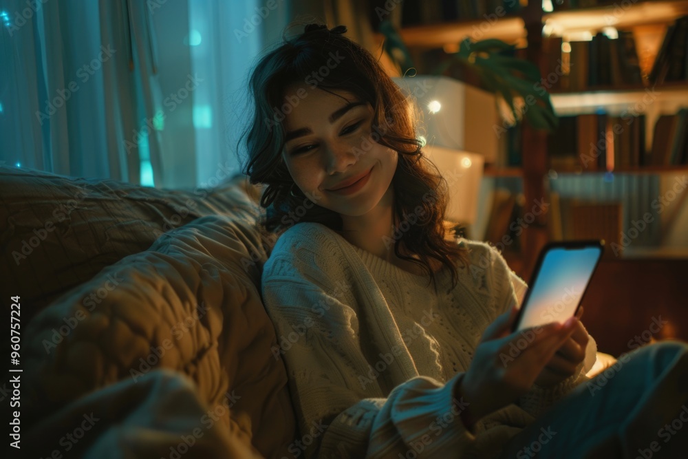 Poster a person sitting on a couch looking at a mobile device, possibly checking messages or browsing