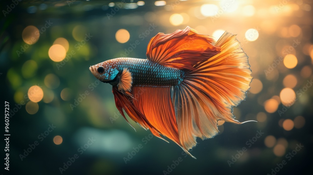 Poster close-up of a betta fish with iridescent scales and long, flowing fins, captured in a peaceful aquar