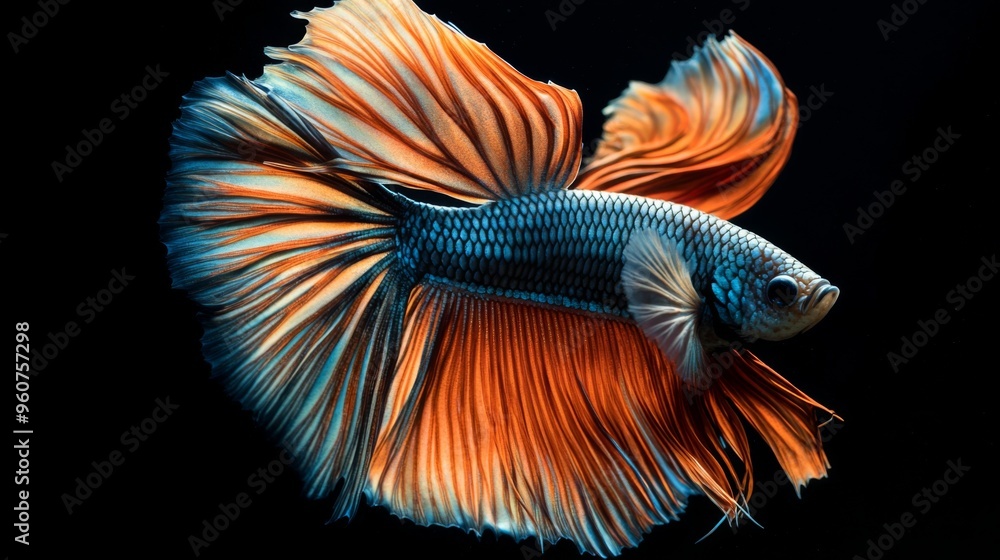 Poster close-up of a betta fish with iridescent scales and long, flowing fins, captured in a peaceful aquar