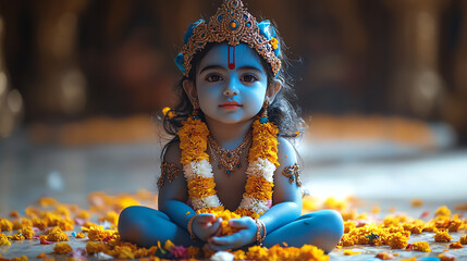 Cute little baby Krishna with Dahi Handi. Cartoon character Hindu god Lord Krishna isolated on yellow background with mandala pattern. Krishna Janmashtami, Govardhan Puja. Indian religious festival