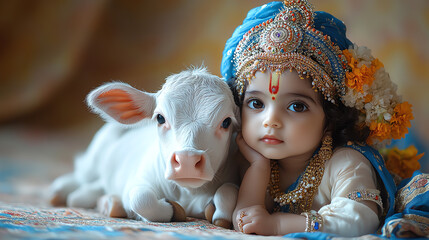 Cute little baby Krishna with sacred cow. Hindu god Lord Krishna with calf. Krishna Janmashtami, Govardhan Puja, Vasubaras. Indian religious festival