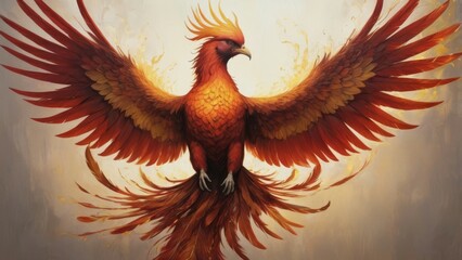 Fototapeta premium A fiery phoenix spreads its wings against a light background.
