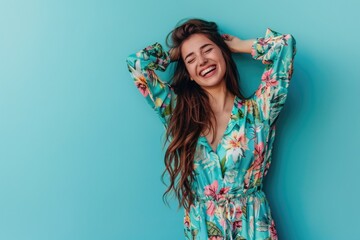A happy young woman in a bright floral dress with a warm smile, perfect for lifestyle or beauty images