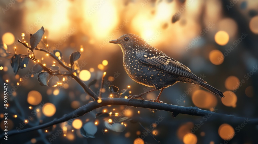 Poster Close-up of a bird with detailed feather patterns, perched on a branch, with a background of softly glowing lights adding depth and a magical feel to the scene.
