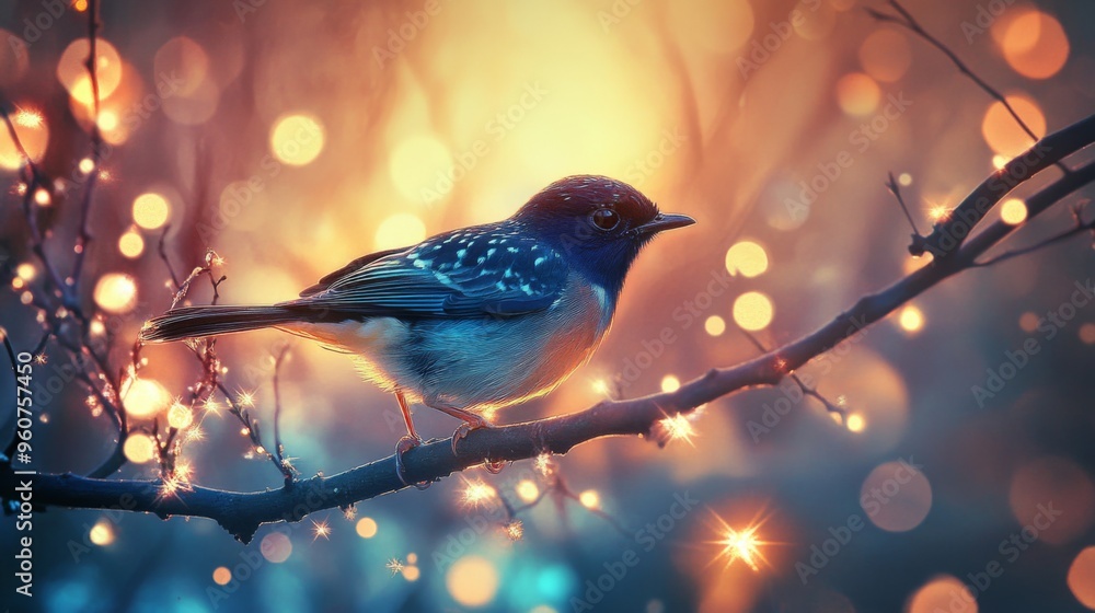 Poster Close-up of a bird with detailed feather patterns, perched on a branch, with a background of softly glowing lights adding depth and a magical feel to the scene.