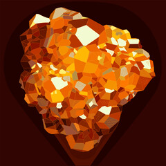 Natural orange-yellow-brown rough spessartite gemstone. Vector illustration of spessartine deep, rich color and shine. Juicy orange-yellow-red-brown coloring distinguishes spessartines from other mine