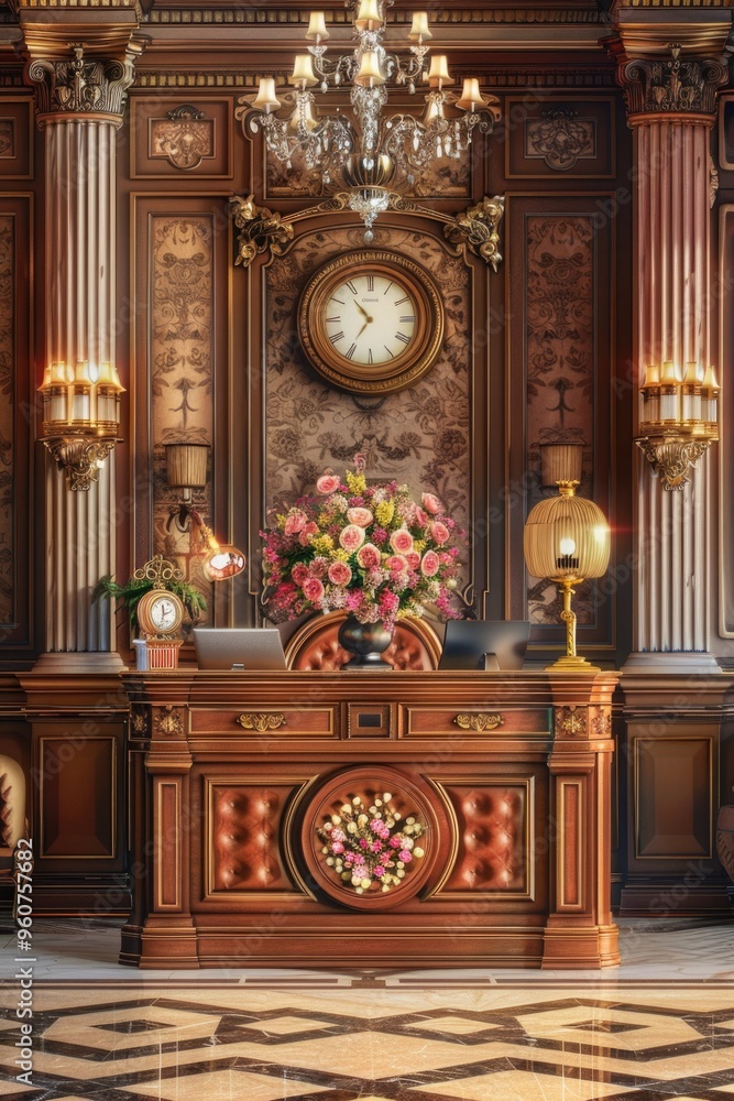 Poster a large wooden desk with a clock above it