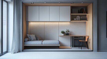 a compact apartment with multifunctional furniture and smart storage solutions