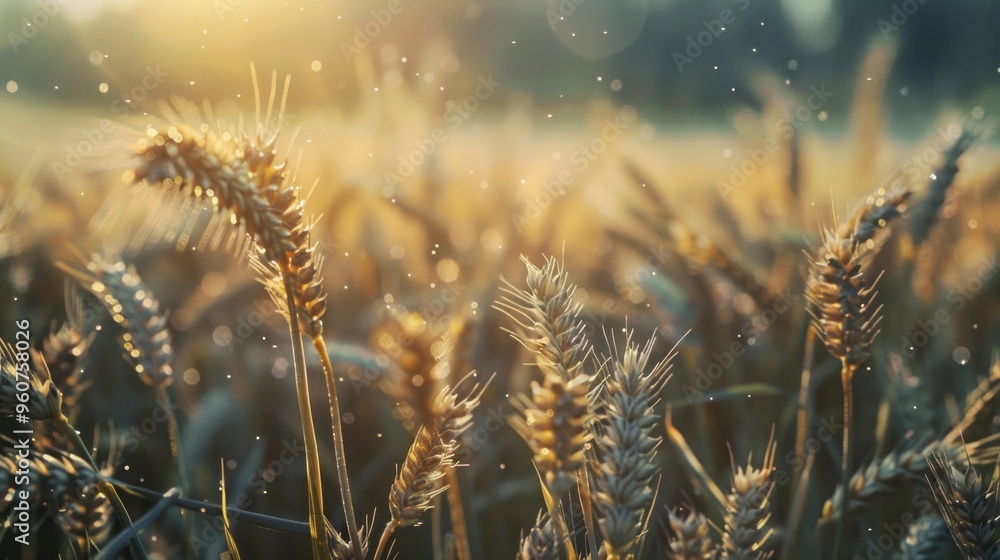 Poster a close-up shot of a field of golden wheat, with the grain heads swaying gently in the breeze