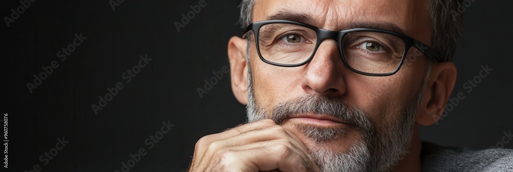 Aufkleber a man with glasses contemplates deeply, showcasing a serious expression in a softly lit environment 