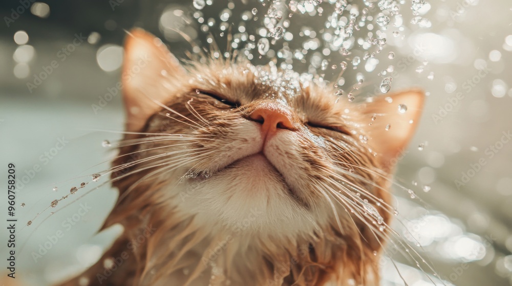 Poster close-up of a cat enjoying a bath, with water droplets on its fur and a content expression, showing 