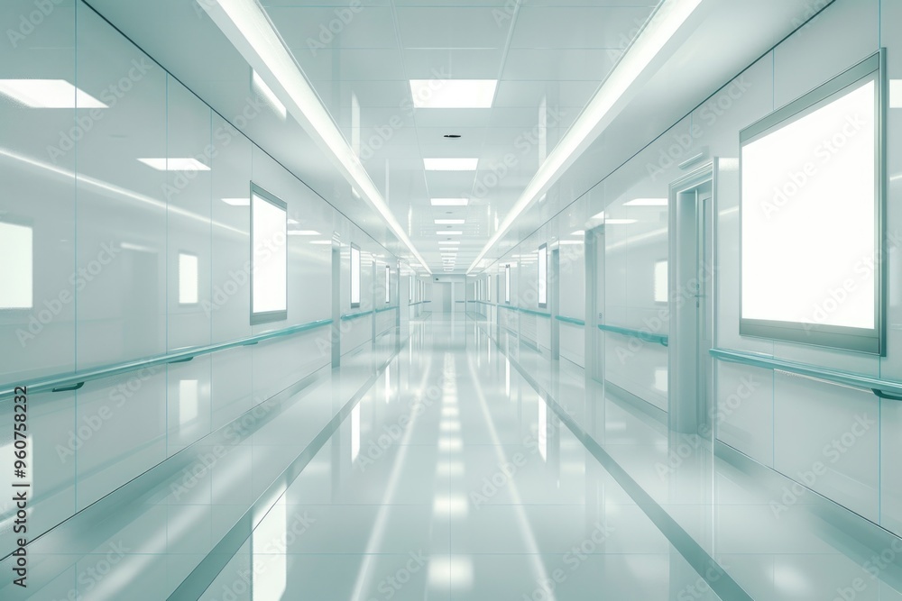 Poster a long hallway with multiple windows