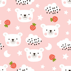 Obraz premium Polar bear hand drawn scandinavian pink with red strawberry seamless pattern. Kids fabric and textile vector design.