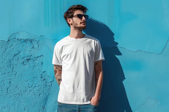 A person standing relaxed against a blue wall, wearing casual clothes