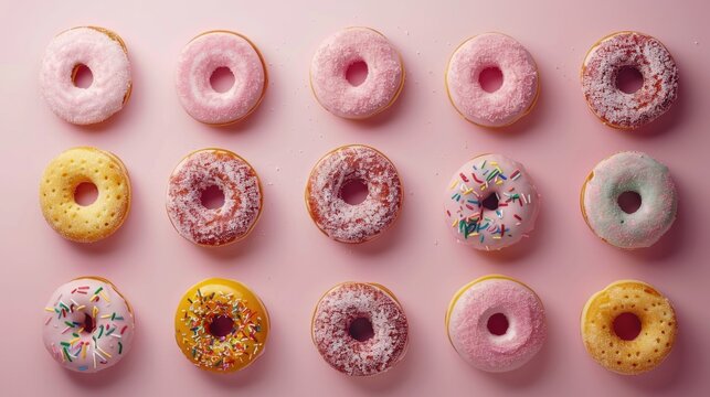 A variety of colorful doughnuts arranged on a bright pink surface, perfect for food styling or as a visual aid for baking tutorials