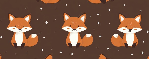 Cute little foxes on a brown background with a simple flat design featuring adorable animal patterns and charming forest themes