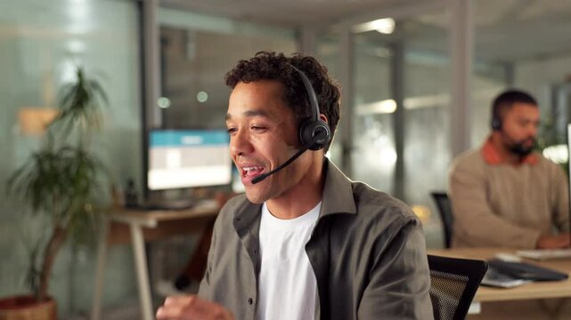 Call center, communication and man agent in office with crm, customer service or inbound contact. Discussion, technical support and male travel consultant with headset for online hospitality client.