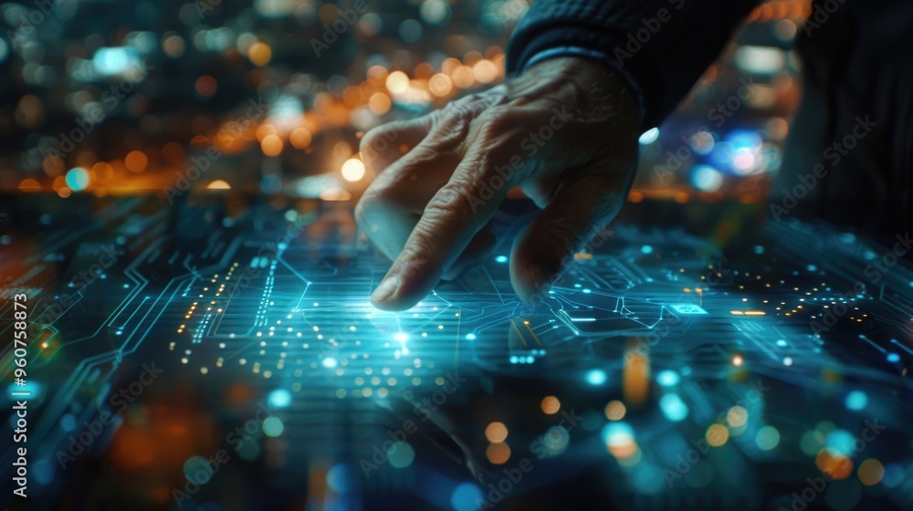 Aufkleber a person touches a circuit board while standing in front of a city skyline, great for tech or urban-