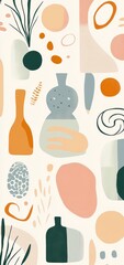 Abstract illustration featuring organic shapes and muted colors creating a soothing modern design with natural elements and geometric patterns