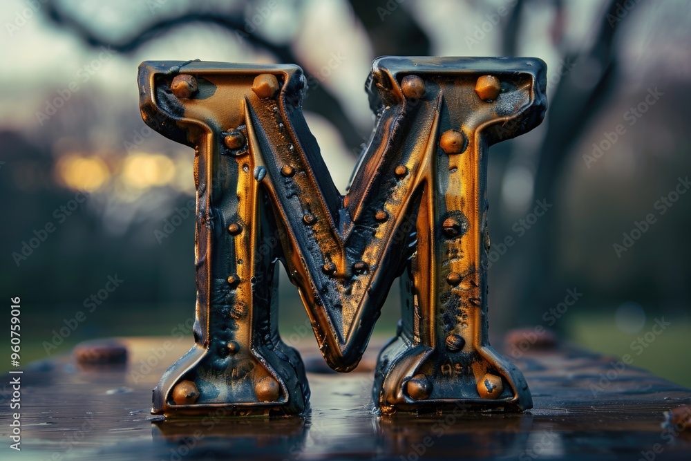 Poster Close-up shot of a metallic 'M' letter on a table, suitable for use in various designs and compositions